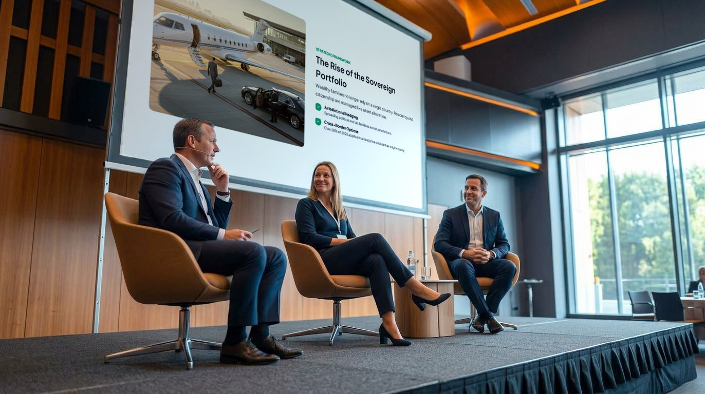 Illustration of a panel discussion on stage, three seated panellists beside a screen reading &ldquo;The Rise of the Sovereign Portfolio&rdquo;