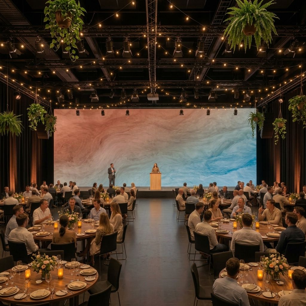 Illustration of a conference hall at night, set with round dinner tables under string lights and hanging plants, two people on stage in front of a large blank screen with soft pink and blue artwork