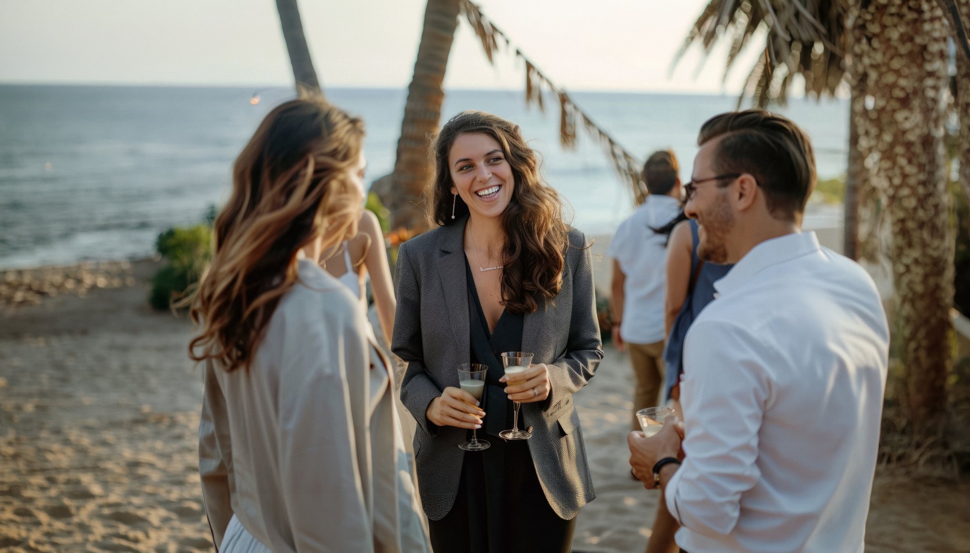 Guests talking over drinks at a beach reception at golden hour, palms and the sea behind them