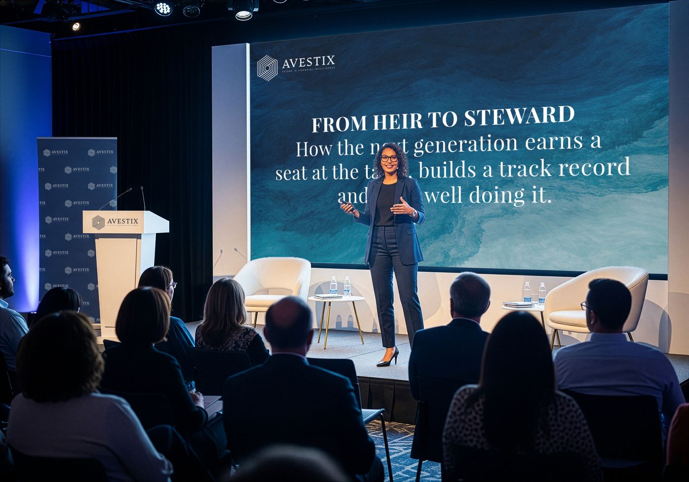 A speaker presents on stage to a seated audience, her talk titled From Heir to Steward on the screen behind her