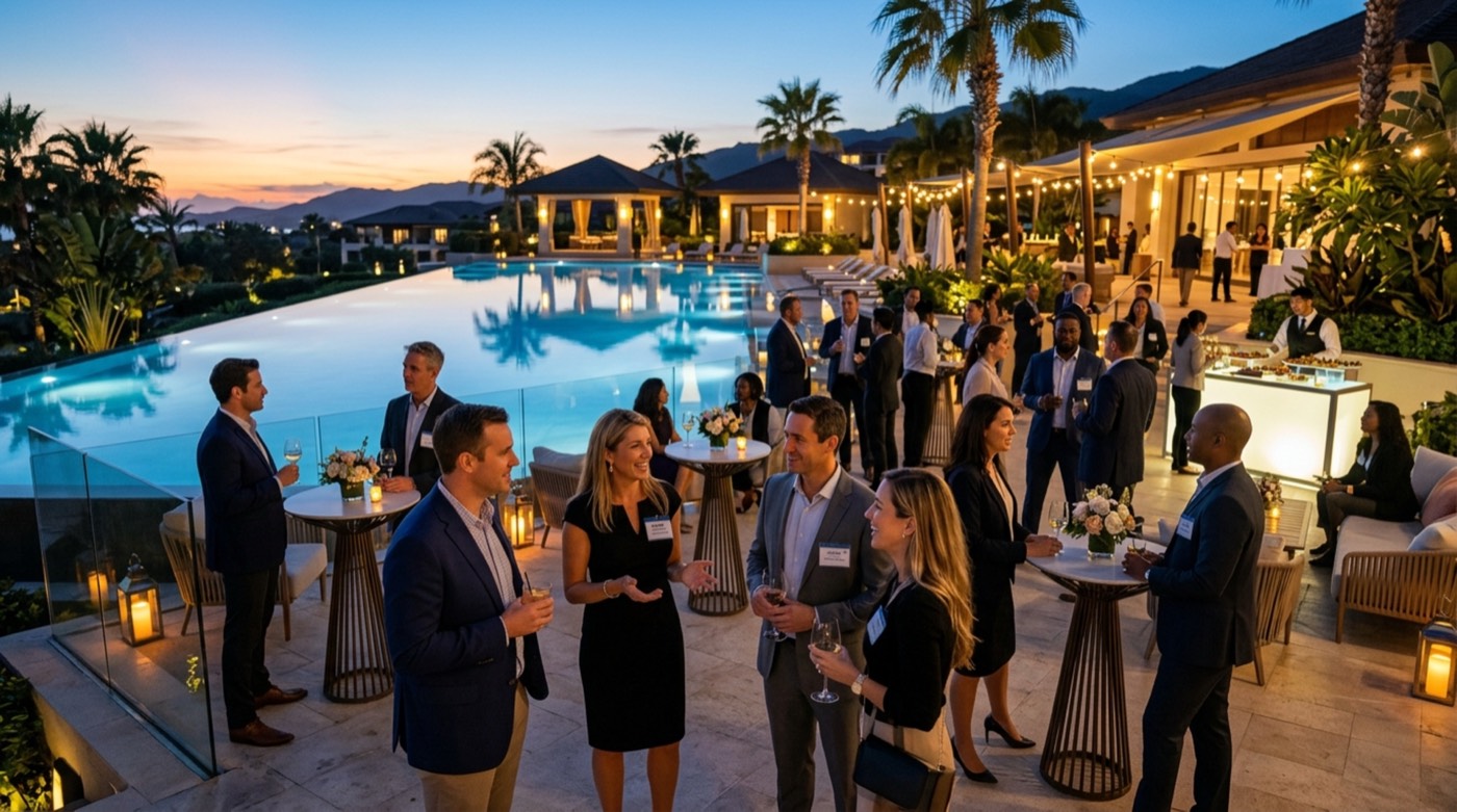 An evening reception at the Retreat — principals and sponsors together at a poolside gathering that forms part of the program, not a separate track