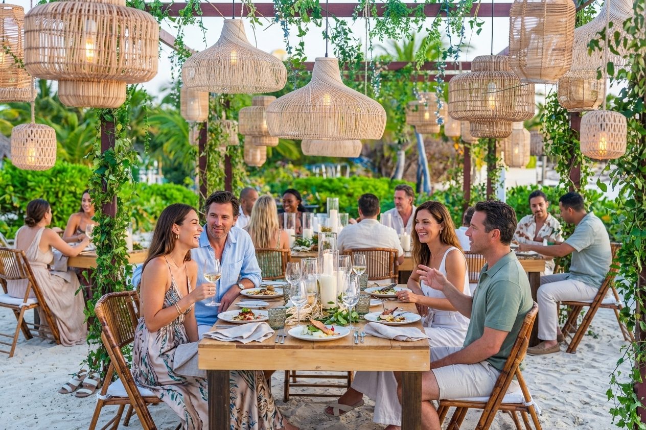 Guests at long tables at a candlelit outdoor dinner under woven lanterns and palms