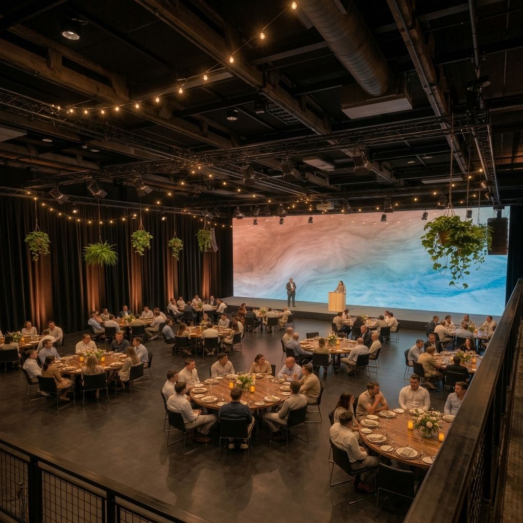 Illustration of a banquet hall seen from a balcony: guests at round tables, two people on stage in front of a large blank screen, hanging plants and string lights
