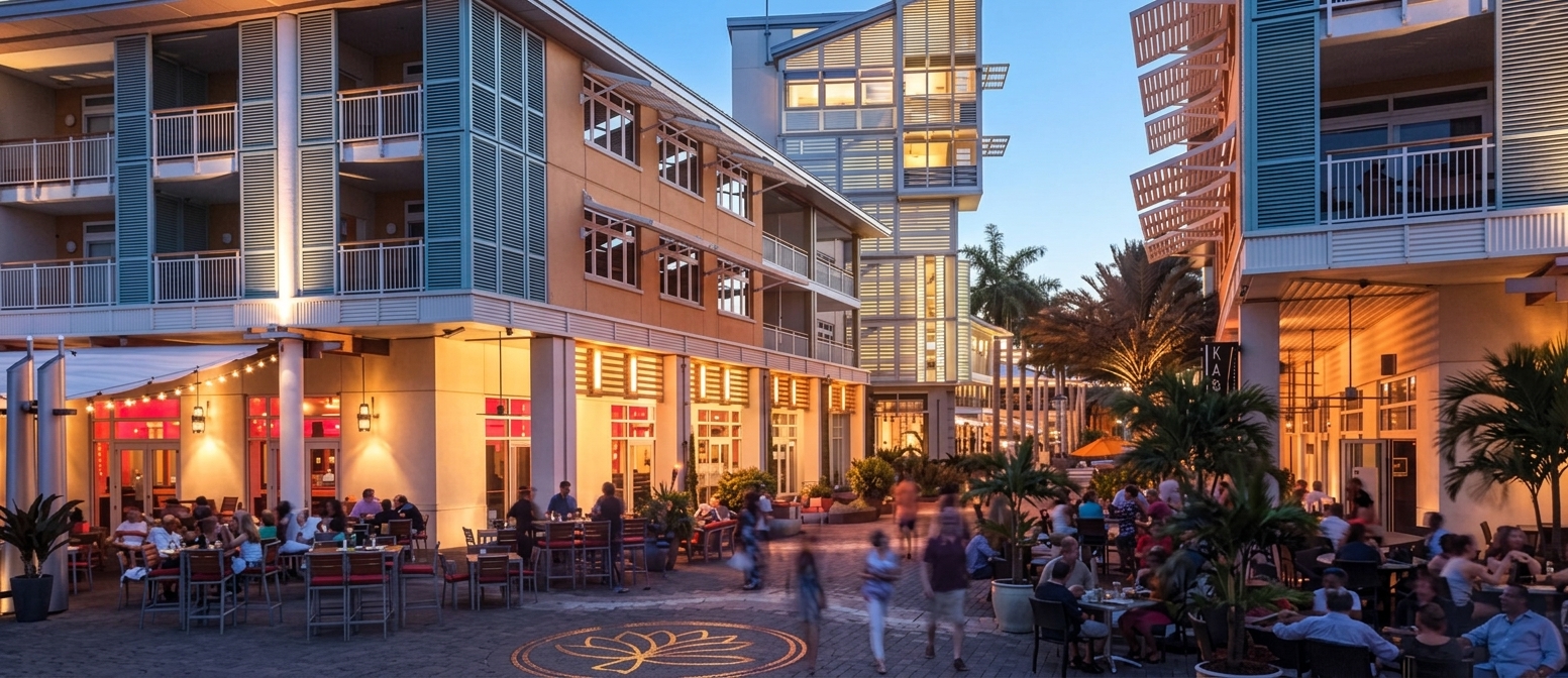 Illustration of a waterfront restaurant plaza at dusk, in the style of Camana Bay: diners at outdoor tables, pastel buildings with louvred shutters, palms and a lotus mosaic in the paving