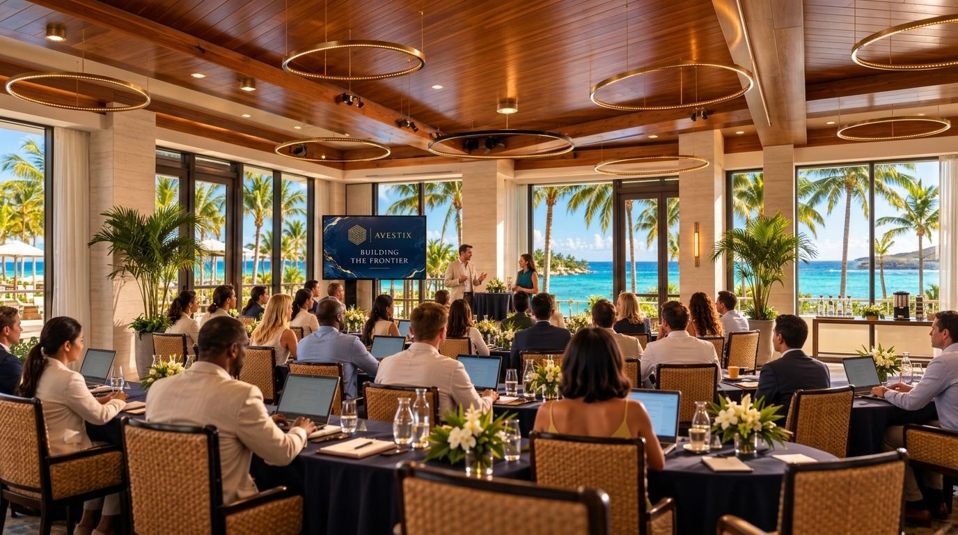 Illustration of a working session in an oceanfront ballroom: delegates at round tables with laptops, two speakers beside a screen reading Avestix Building the Frontier, palms and the sea through the windows