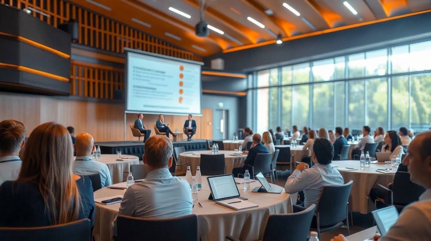 A panel of three speakers on stage before delegates seated at round tables