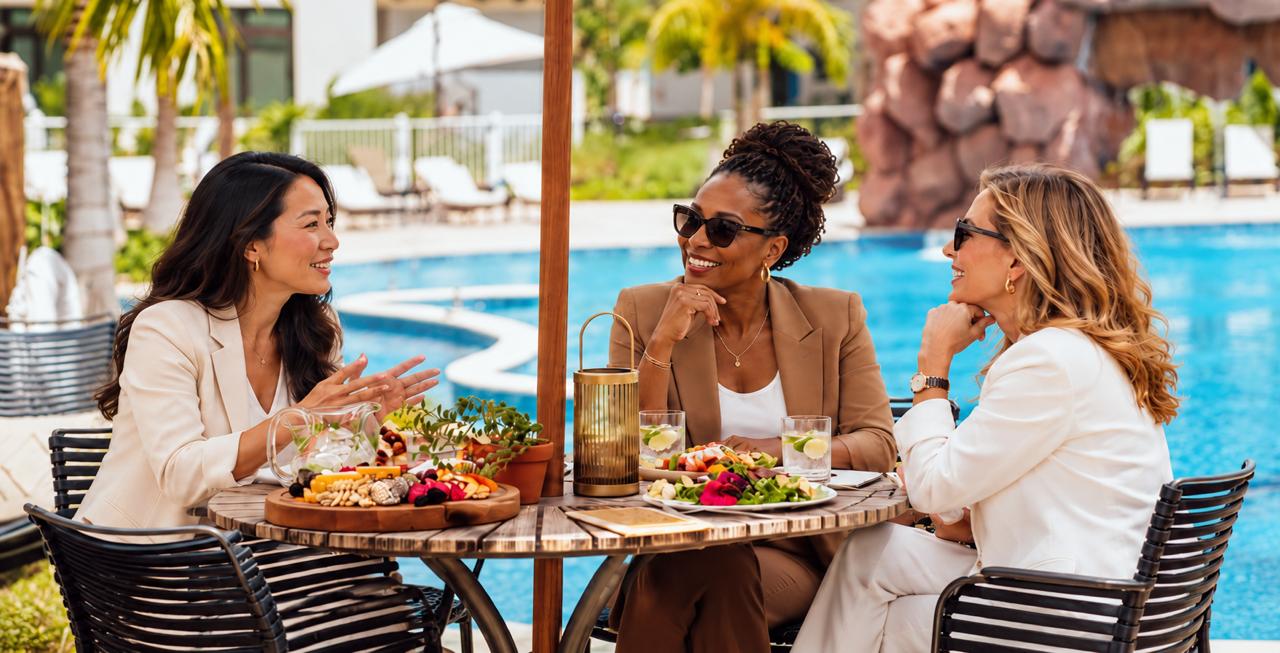 Three businesswomen in conversation at a poolside table