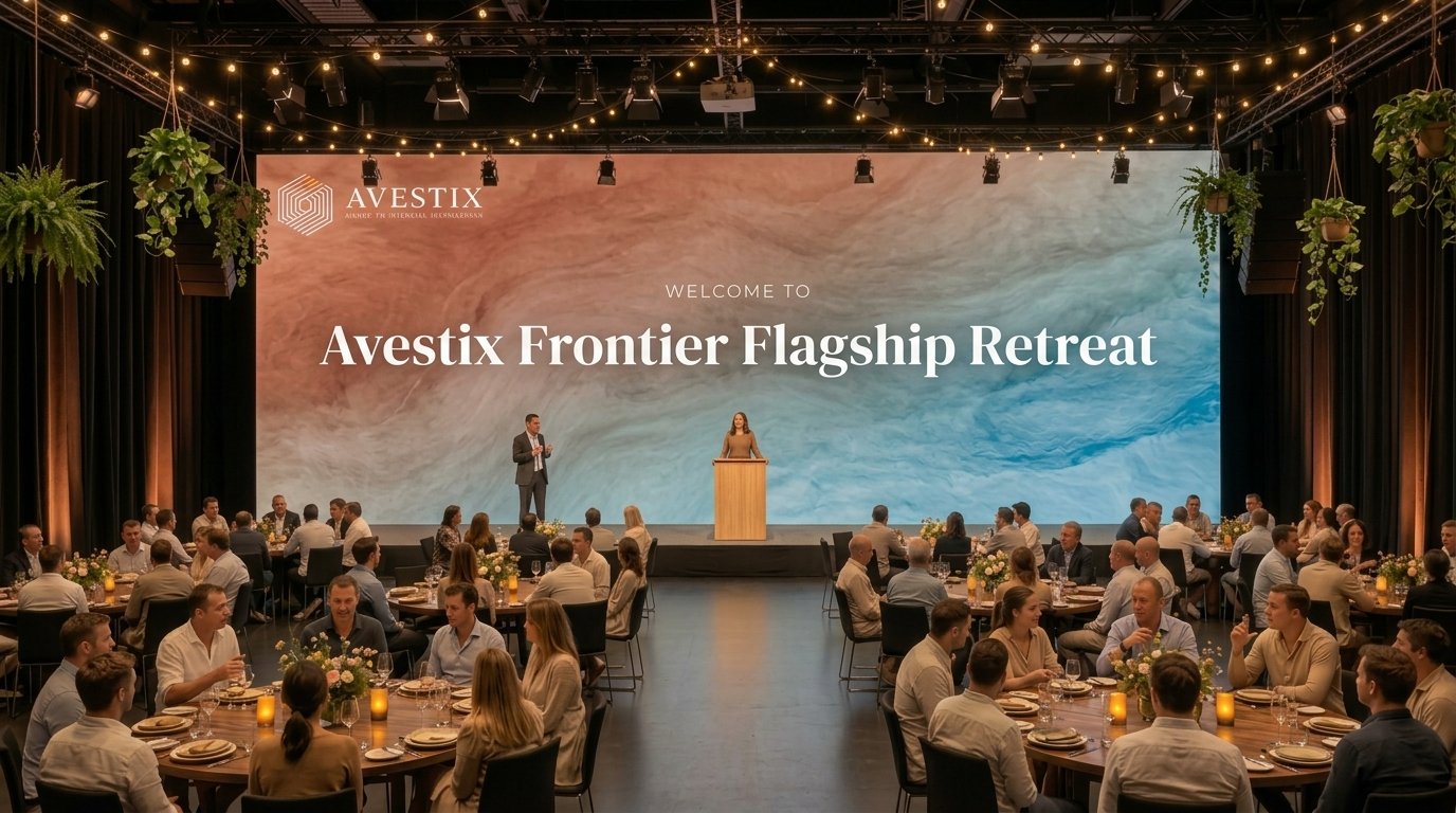 Illustration of a conference hall set with round dinner tables, two people on stage, and a screen reading &ldquo;Welcome to Avestix Frontier Flagship Retreat&rdquo;