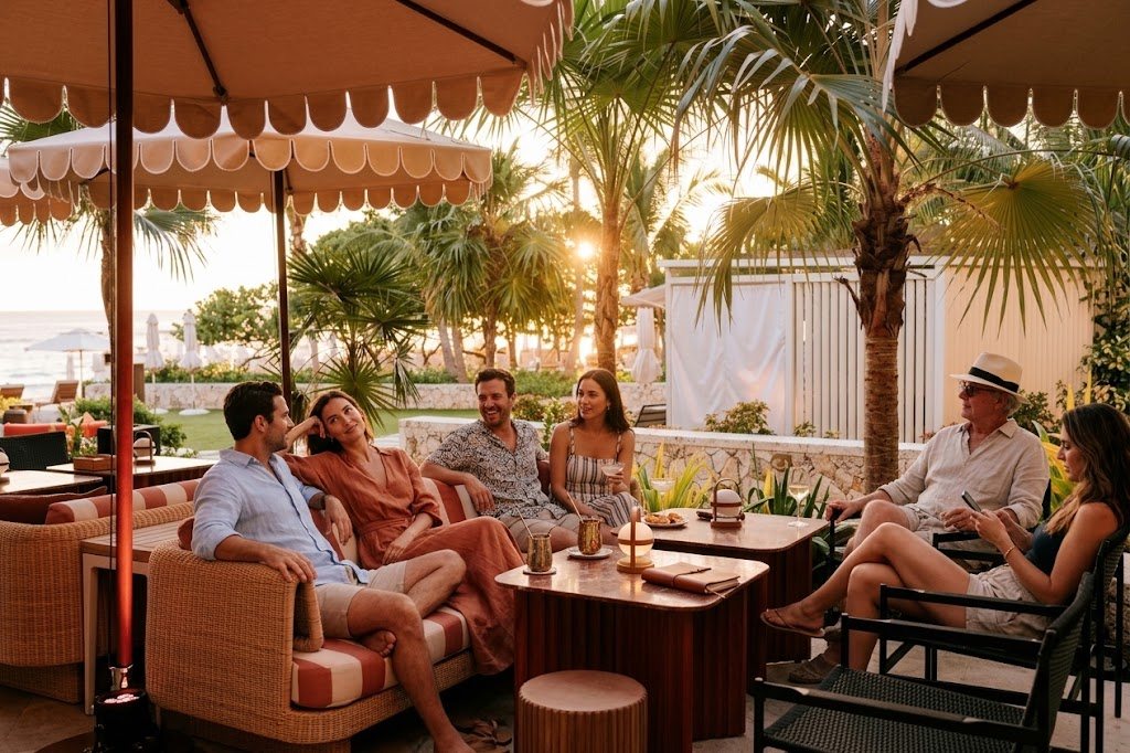 Guests relaxing on cushioned rattan sofas on a palm-shaded terrace at sunset, the sea behind them