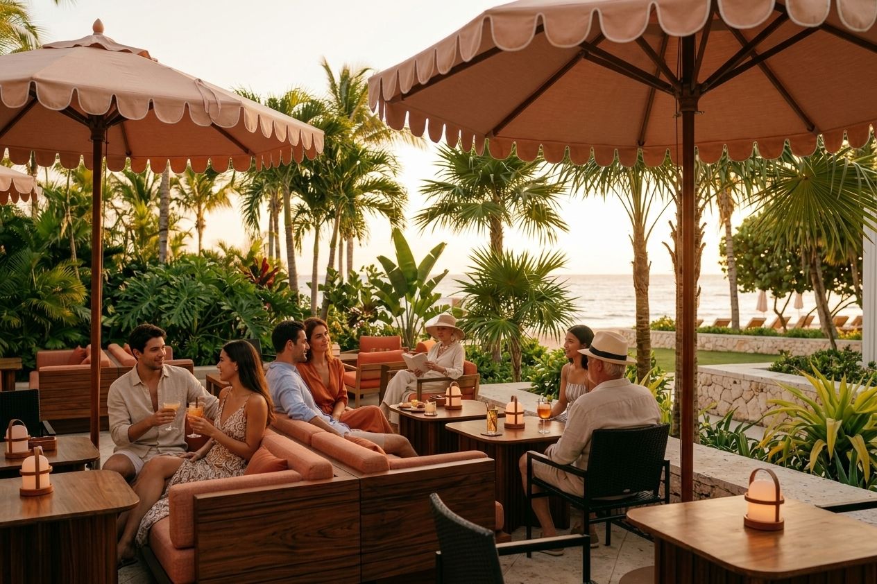 Illustration of guests with drinks on cushioned sofas and chairs beneath scalloped pink parasols on a palm-lined terrace at sunset, the sea behind them