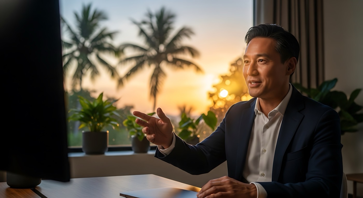 A principal on a private video call — the conversation step in the invitation process