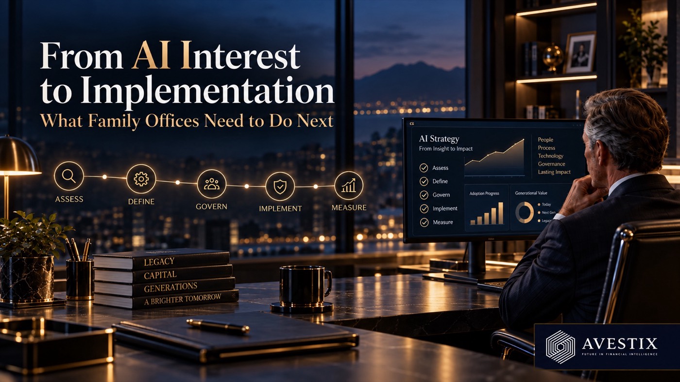 Cover image titled “From AI Interest to Implementation: What Family Offices Need to Do Next”. A silver-haired executive in a dark suit studies a monitor headed “AI Strategy, From Insight to Impact” in a night-lit city office. A five-step path reads Assess, Define, Govern, Implement, Measure. AVESTIX logo, bottom right.
