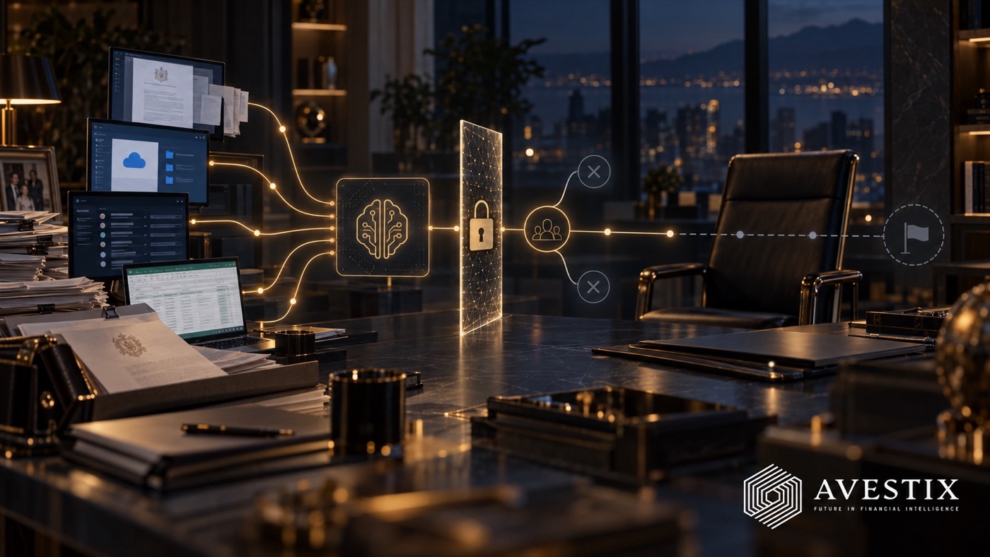 Illustration of an executive office at night: documents, cloud files, a contact list and a spreadsheet feed into an AI icon, pass through a padlocked security screen, then reach a people icon for human review, with two rejected paths crossed out, before a dotted line leads to a goal flag. AVESTIX logo, bottom right.