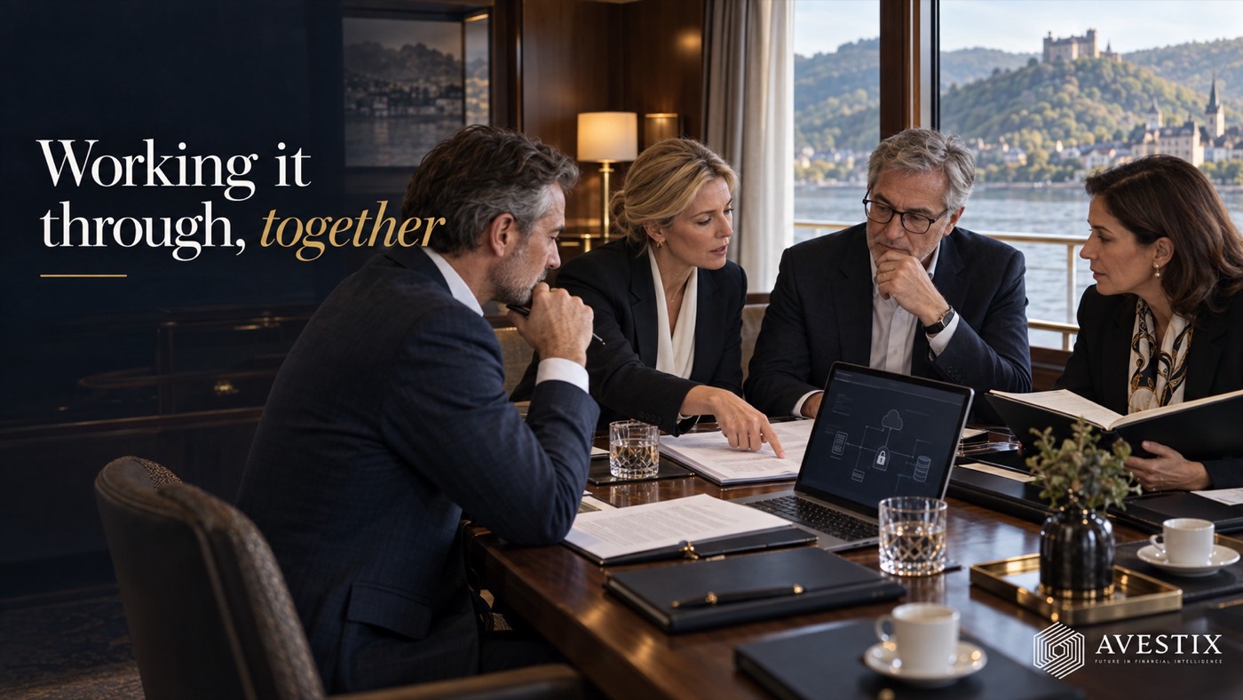 Four advisers in dark business attire work around a polished table with documents and a laptop showing a secure cloud diagram, a river and castle visible through the window behind them. Text on the image reads “Working it through, together”. AVESTIX logo, bottom right.