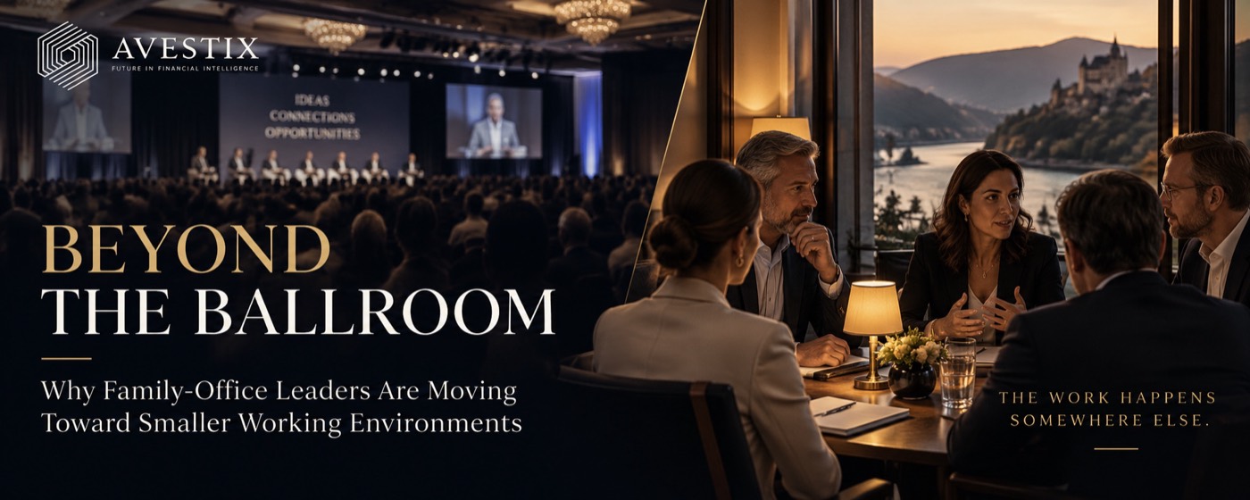Cover image titled “Beyond the Ballroom: Why Family-Office Leaders Are Moving Toward Smaller Working Environments”. A packed conference ballroom with a stage beside four people in discussion by a window over a river and castle at dusk. Tagline: “The work happens somewhere else.” AVESTIX logo, top left.