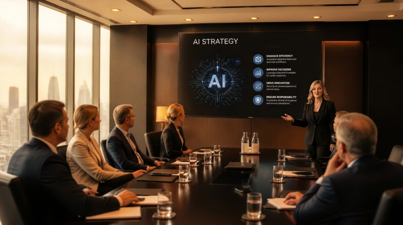 A woman in a dark suit presenting to a boardroom table of executives, standing beside a wall screen headed "AI STRATEGY" with four short points on efficiency, decisions, innovation and responsibility