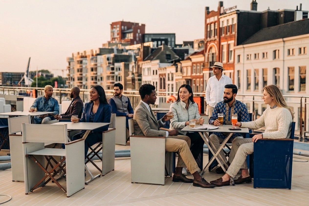 Men and women in smart casual dress sitting at tables on a rooftop deck at sunset, talking over drinks, with city buildings behind