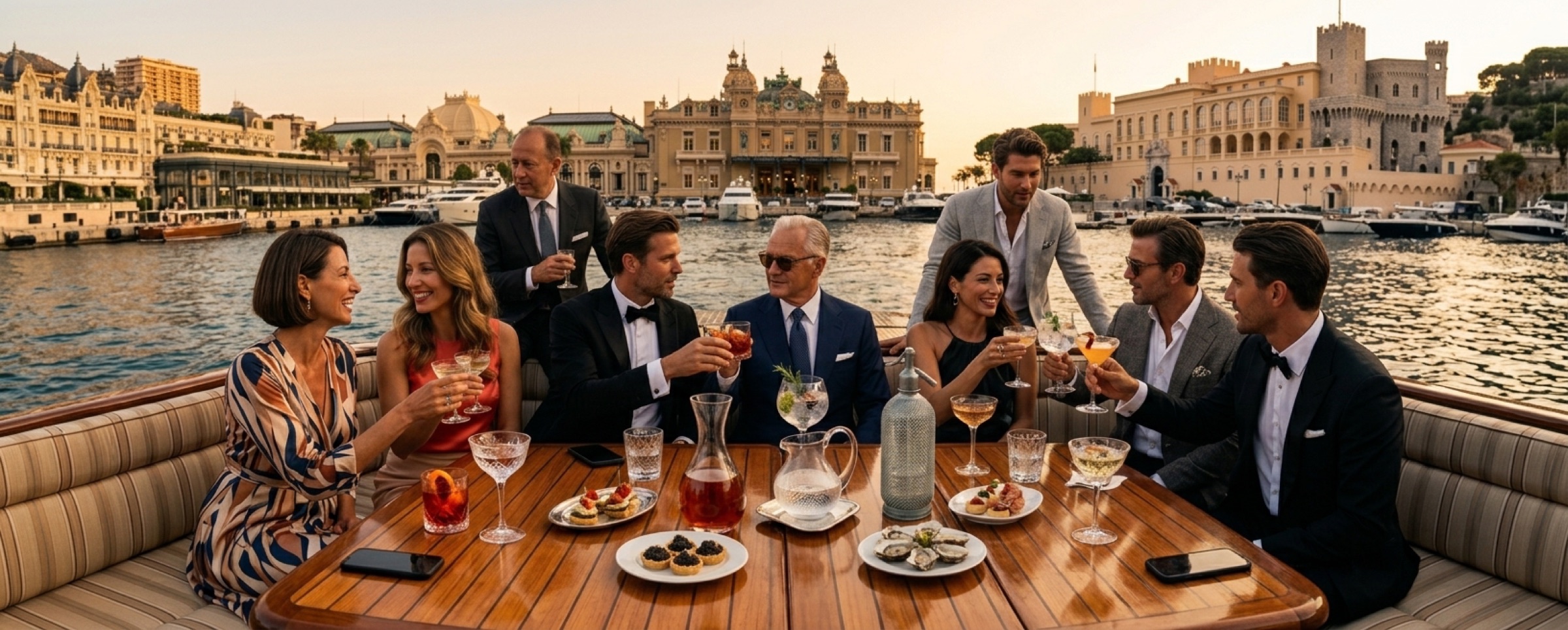 Avestix Frontier members toasting at dusk in Monaco