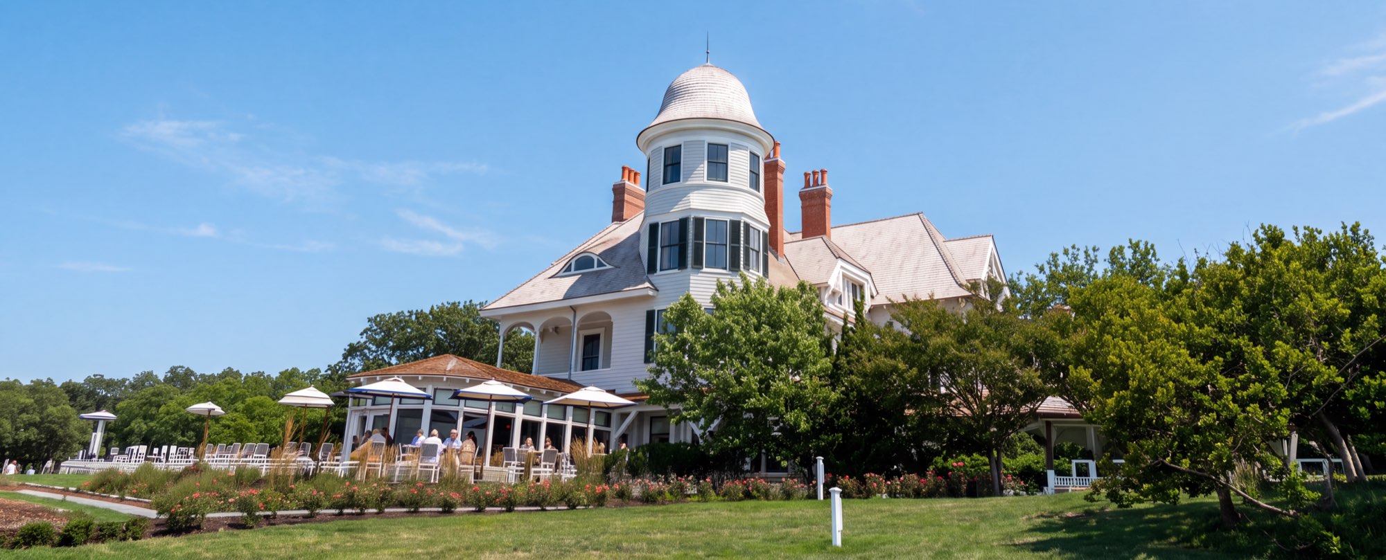 Castle Hill Inn, Newport: the shingle-style mansion and its turret above the lawn