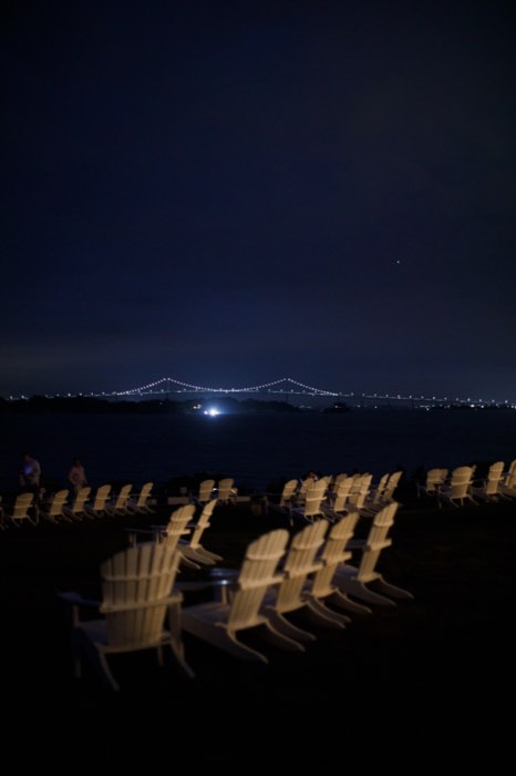 The lawn after dark, chairs still facing the water.