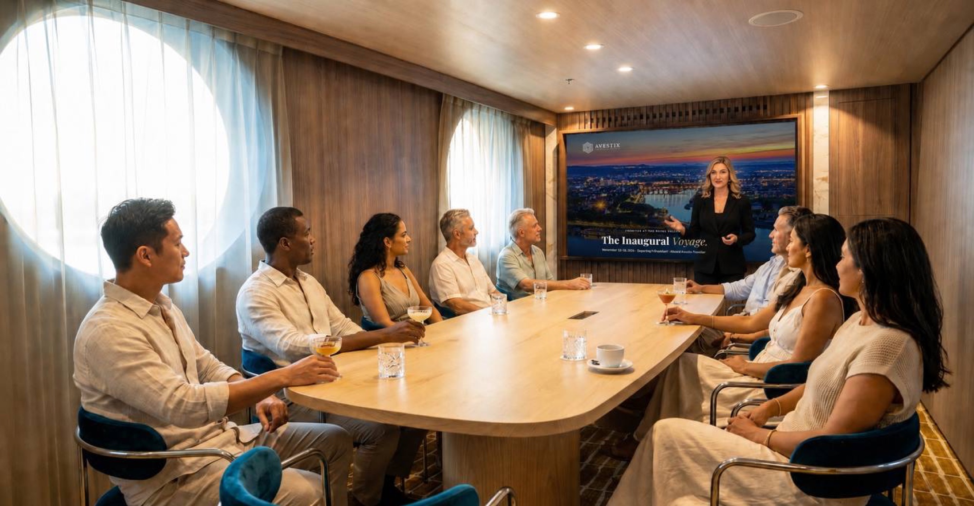 Guests in briefing aboard Avestix Frontier, a screen displaying The Inaugural Voyage