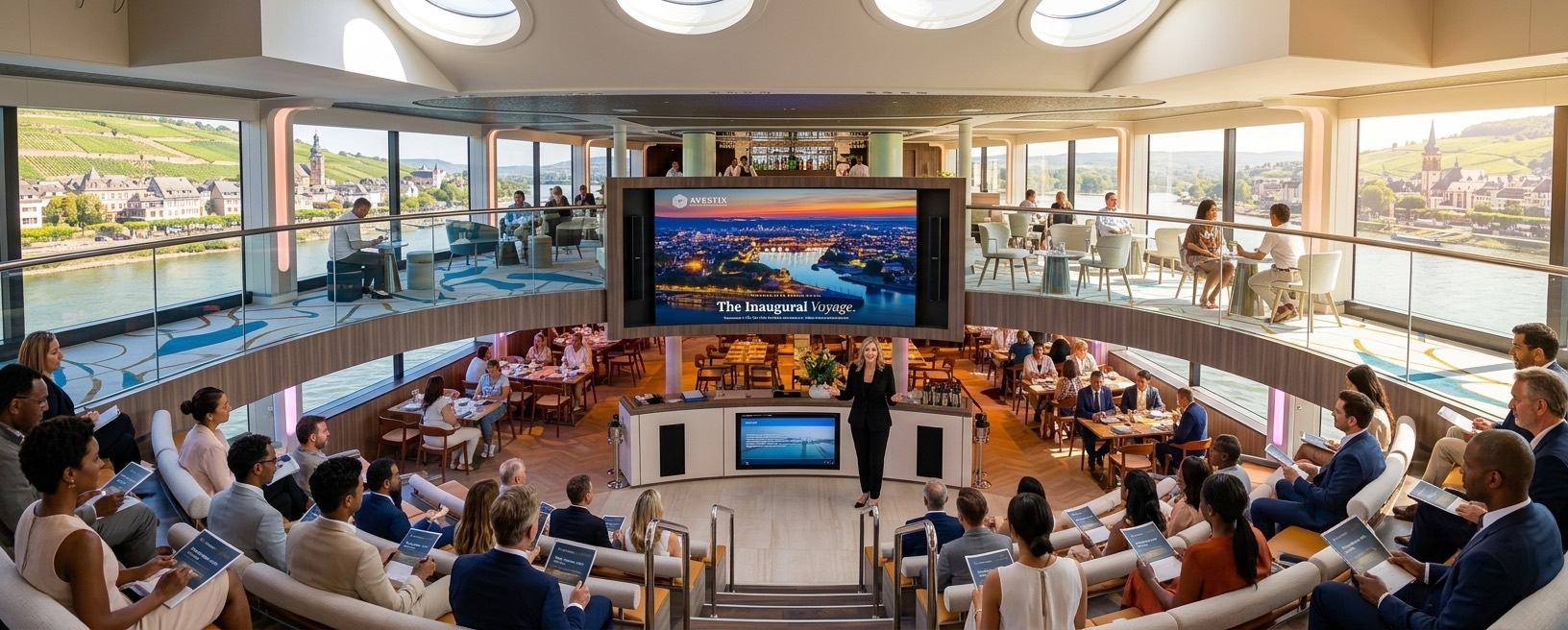 A guest briefing in the Avestix Frontier lounge on the Inaugural Voyage itinerary