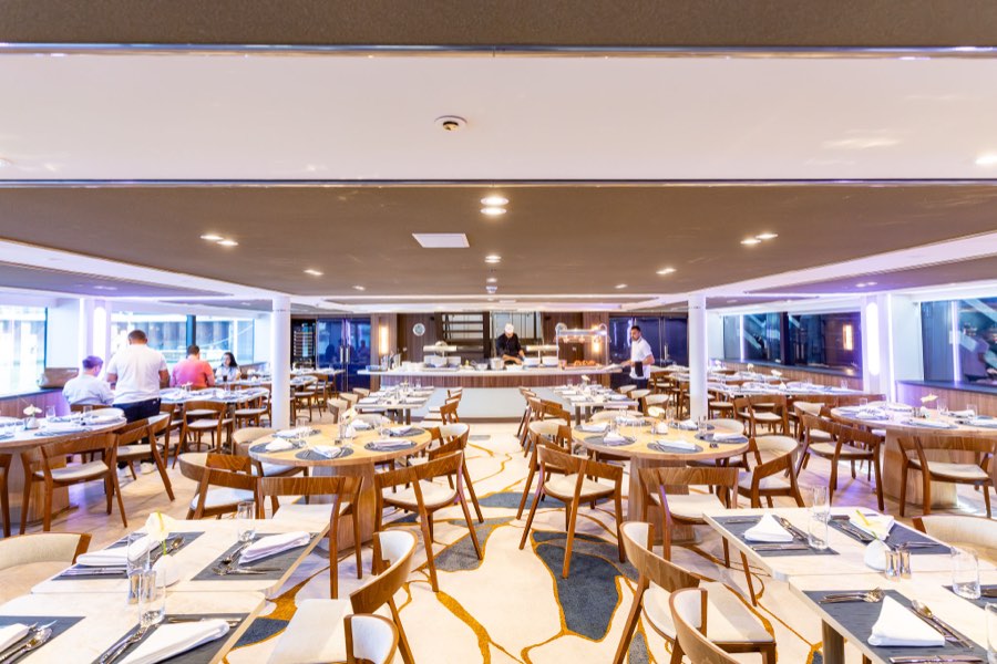 Riverstone, the ship's main dining room, set for service