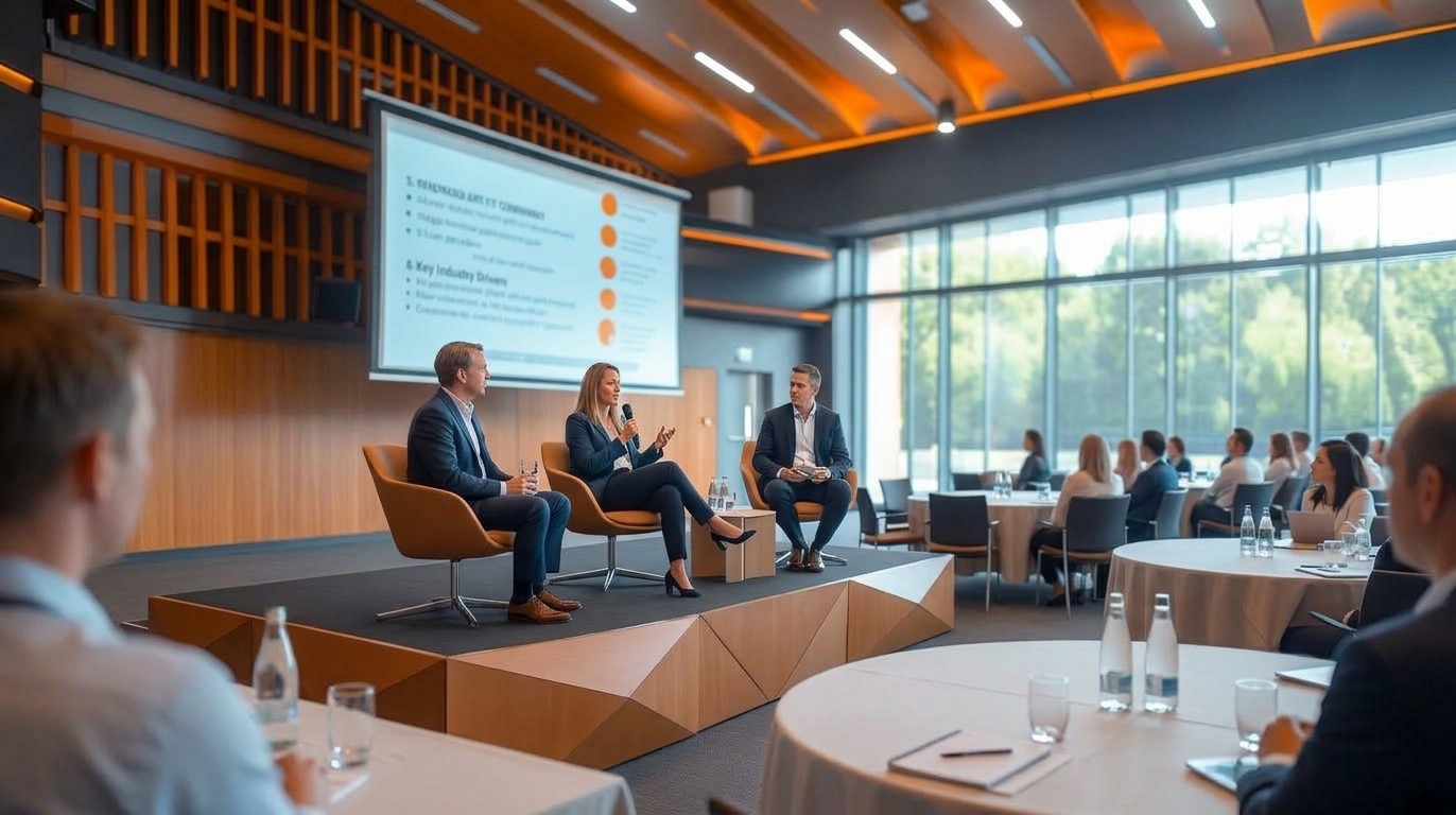 Illustration of a panel of three speakers on stage, with delegates seated at round tables