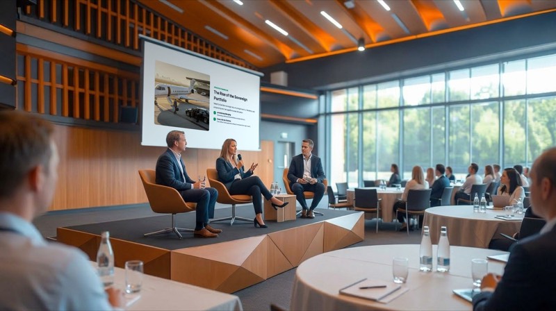Illustration of a panel of three speakers on stage presenting a session titled The Rise of the Sovereign Portfolio, with delegates at round tables